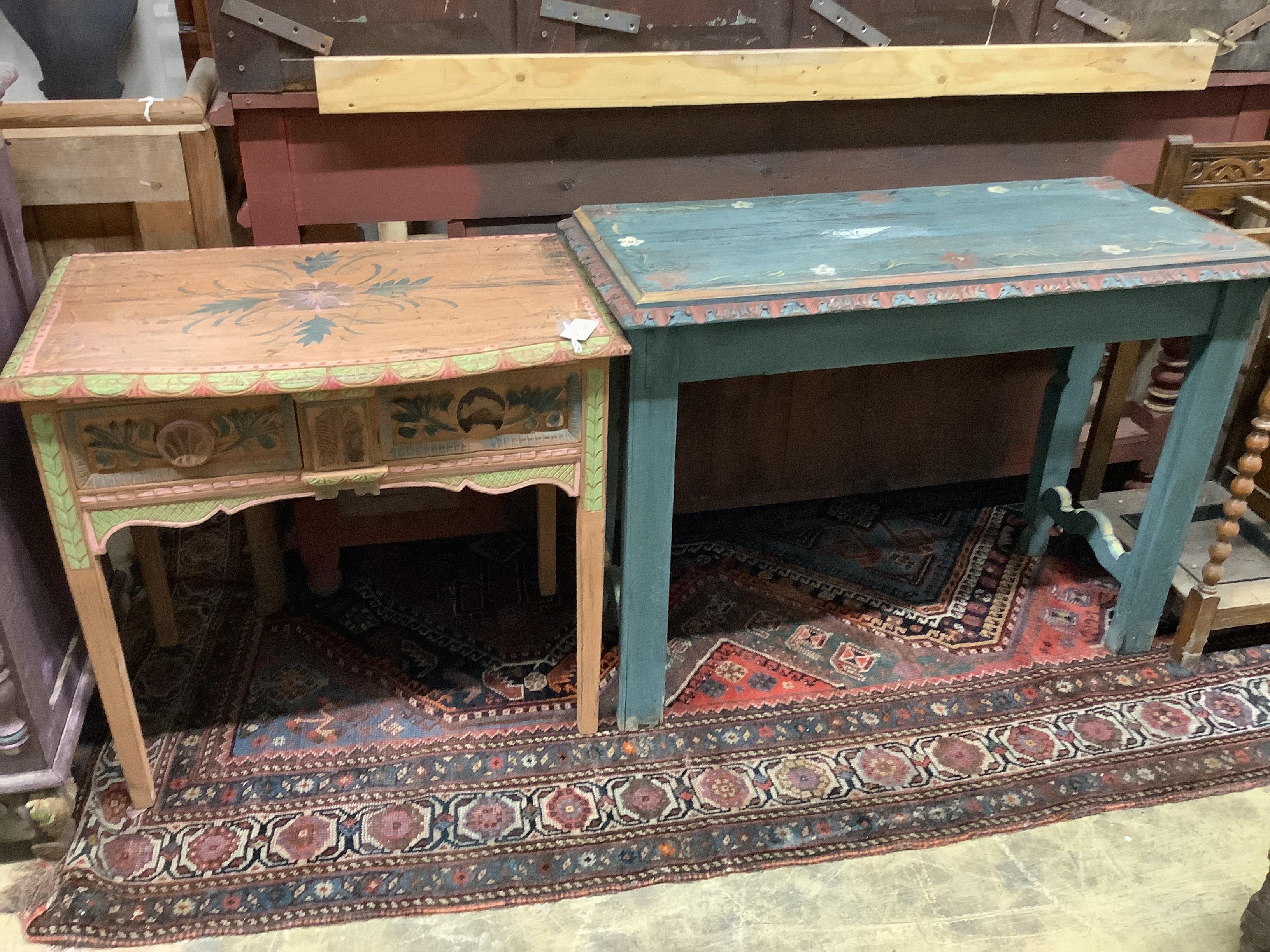 Two rectangular painted occasional tables, larger width 103cm, depth 43cm, height 76cm